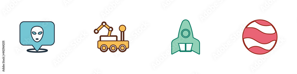 Set Alien, Mars rover, Rocket ship and Planet icon. Vector Set Alien, Mars rover, Rocket ship and Planet icon. Vector