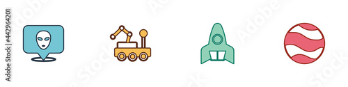 Set Alien, Mars rover, Rocket ship and Planet icon. Vector Free Download Set Alien, Mars rover, Rocket ship and Planet icon. Vector - GFXLoad