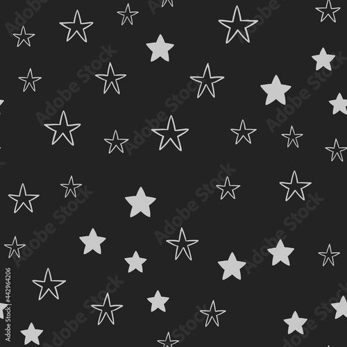 Star doodles seamless pattern. Hand drawn stars illustrations, background texture. Monochromatic.