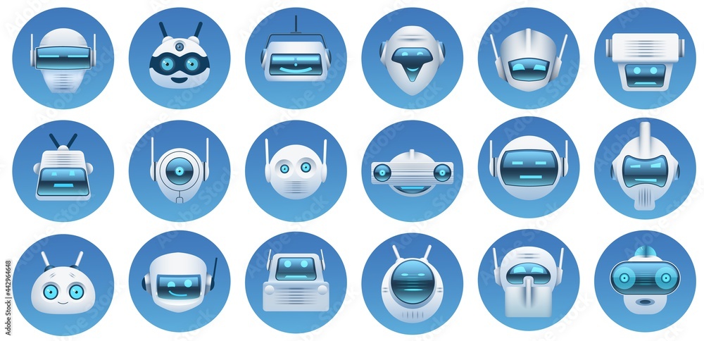 Robot head avatars. Cartoon virtual assistant, chat bot faces, robots logo, emoji and mascots. Futuristic android character icons vector set