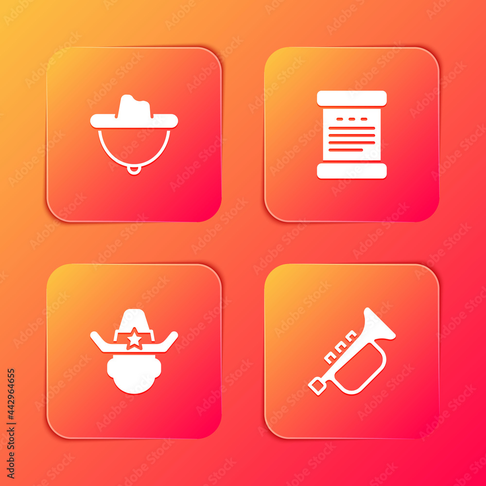 Set Western cowboy hat, Declaration of independence, Sheriff and Trumpet icon. Vector
