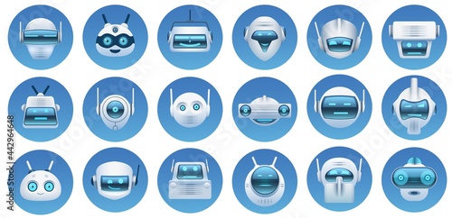 Robot head avatars. Cartoon virtual assistant, chat bot faces, robots logo, emoji and mascots. Futuristic android character icons vector set