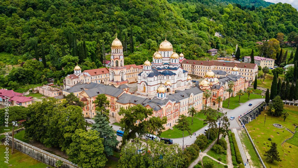 Top view of Orthodox monastery in Novy Afon, Abkhazia.  Christian temple in New Athos. Photo from above.