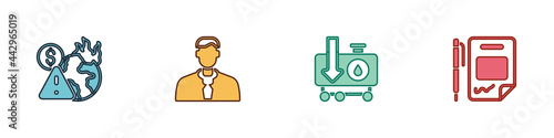 Set Global economic crisis, Worker, Drop in crude oil price and Contract money and pen icon. Vector