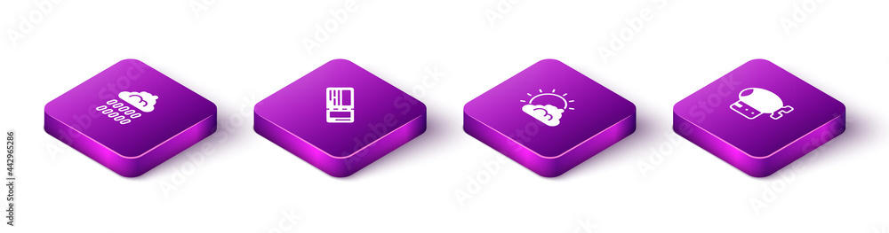 Set Isometric Cloud with rain, Airline ticket, Sun and cloud weather and Airship icon. Vector Set Isometric Cloud with rain, Airline ticket, Sun and cloud weather and Airship icon. Vector