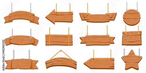 Wood signboards hanging on rope. Wooden blank banners and arrow signs. Round and star shaped board on chain. Old rustic signboard vector set