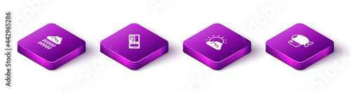 Set Isometric Cloud with rain, Airline ticket, Sun and cloud weather and Airship icon. Vector