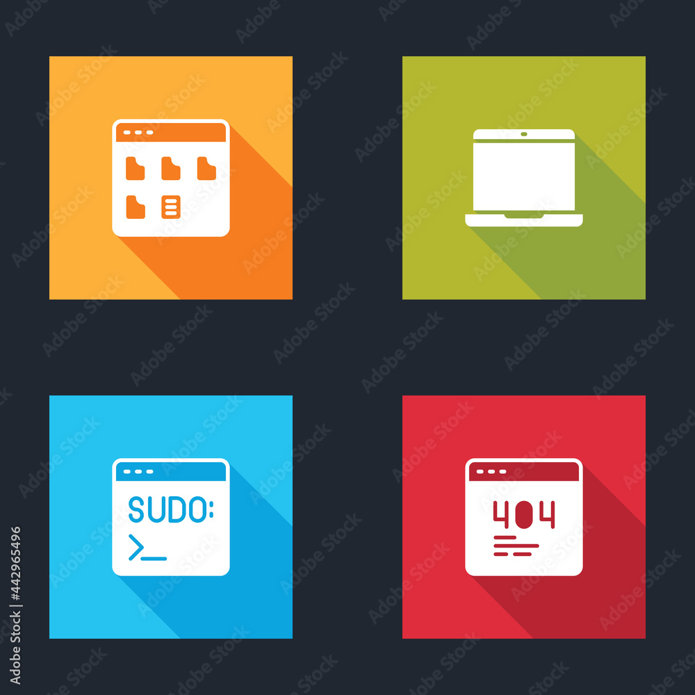 Set Browser files, Laptop, Code terminal and Page with 404 error icon. Vector Set Browser files, Laptop, Code terminal and Page with 404 error icon. Vector