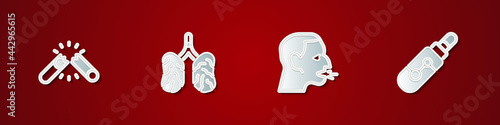 Set Broken cigarette, Disease lungs, Man coughing and Electronic icon. Vector