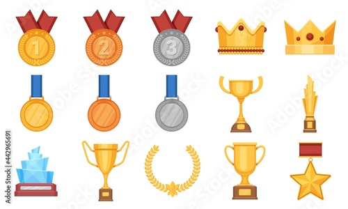 Trophies and medals. Award prize flat icon, olympic gold, silver and bronze medal with ribbon. Winner cup, glass reward and crown vector set