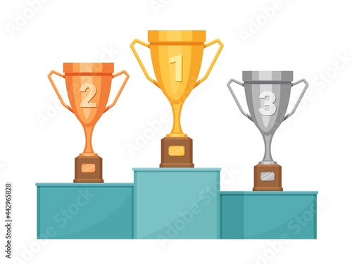 Champion podium with trophies. Winner pedestal with golden, silver and bronze trophy cups. Sport or race competition awards vector concept