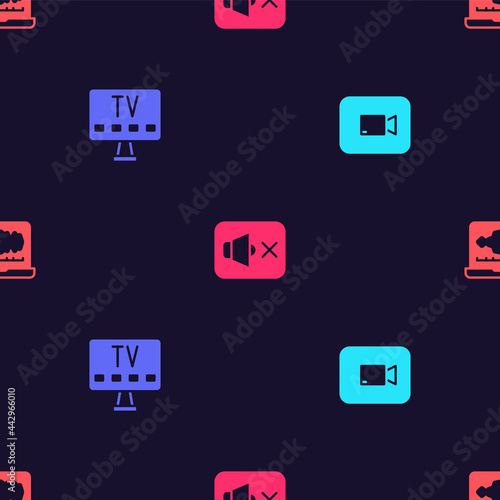 Set Play video button, Smart Tv, Speaker mute and Sound or audio recorder on seamless pattern. Vector