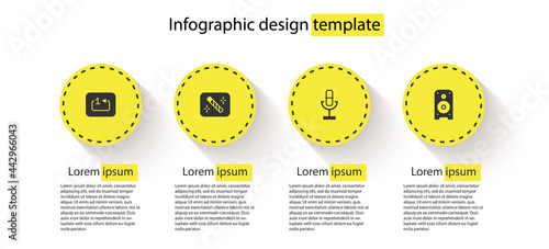 Set Repeat track music player, Photo retouching, Microphone and Stereo speaker. Business infographic template. Vector