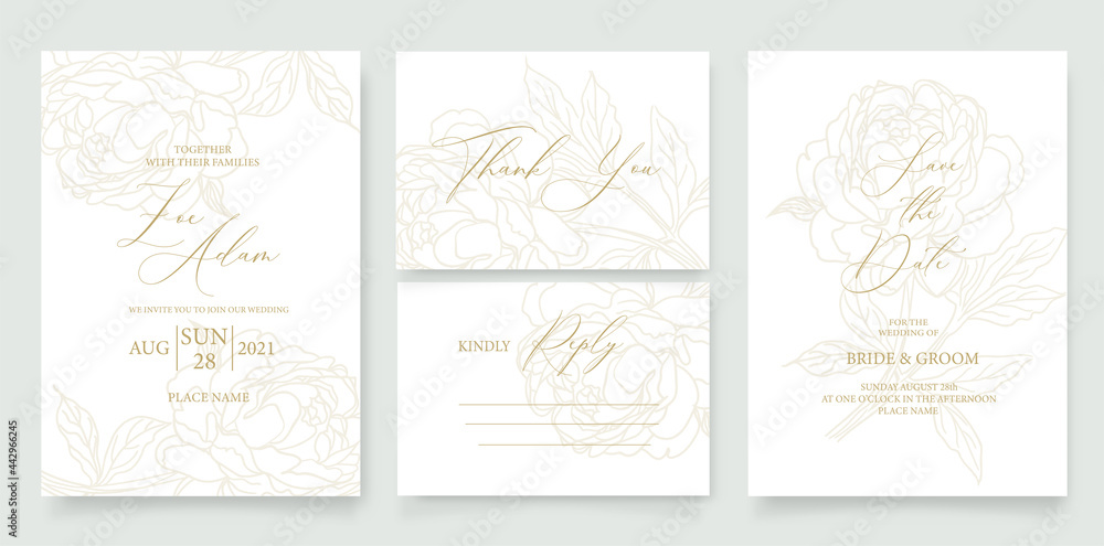 Wedding invitation template with flower of rose and leaves in line. Minimalism style.