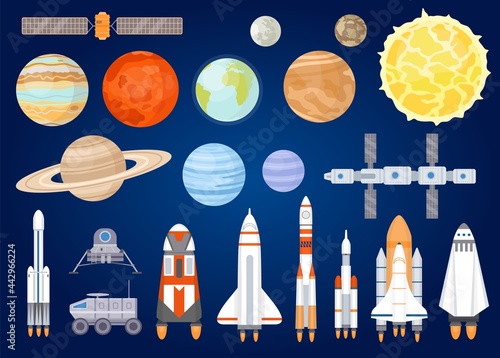 Space elements. Solar system planets, sun, spaceship, rocket, satellites, mars and moon rover. Universe exploring. Cartoon cosmic vector set