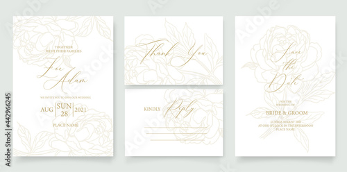 Wedding invitation template with flower of rose and leaves in line. Minimalism style.