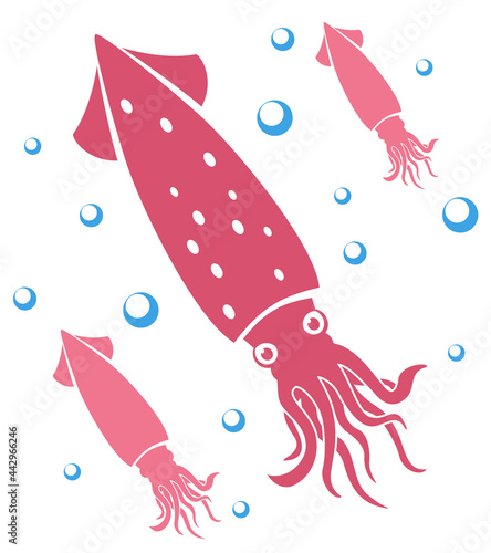 Silhouettes of squid swim in water on a white.