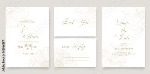 Wedding invitation template with flower of poppy in line. Minimalism style.