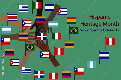 National Hispanic heritage month and culture theme Vector illustration, hands with different color and Flags of America.  photo