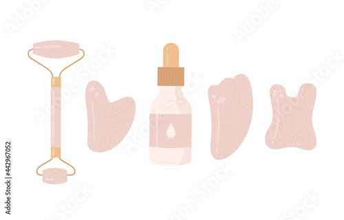 Various trendy gua sha scraper, natural rose quartz crystal roll on face massager and face oil. Gua Sha skin care concept. Flat cartoon vector illustration. Isolated on white background. 