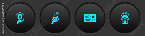 Set Shelter for homeless, Donation water, Bank check and Animal shelter house icon. Vector