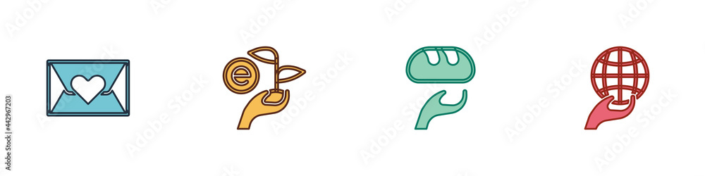 Set Envelope with heart, Leaf in hand, Donation food and Hand holding Earth globe icon. Vector Set Envelope with heart, Leaf in hand, Donation food and Hand holding Earth globe icon. Vector