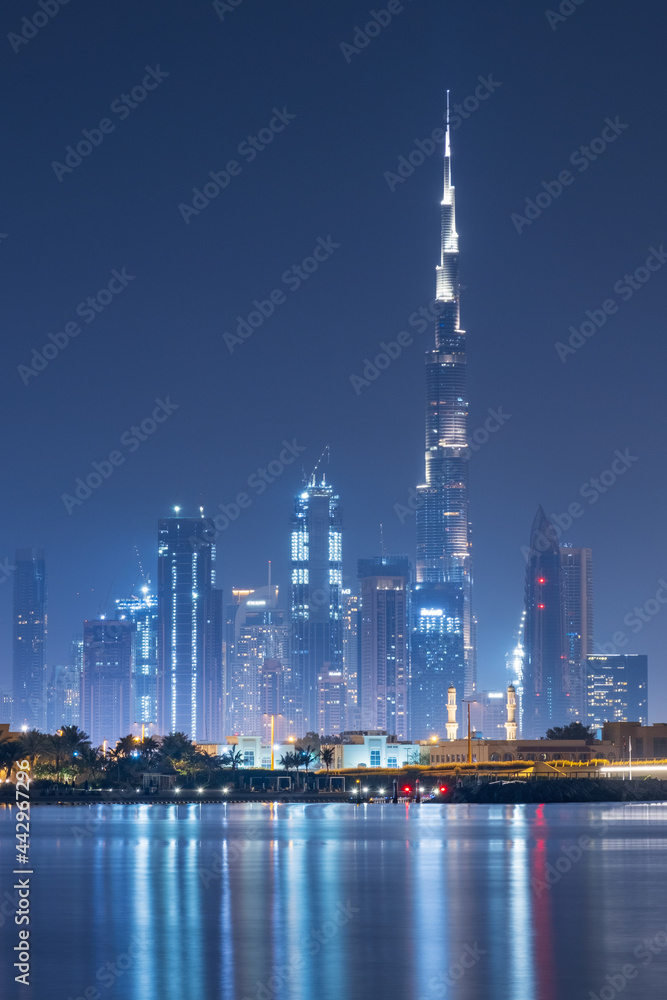 view to the highest skyscraper in Dubai in the night