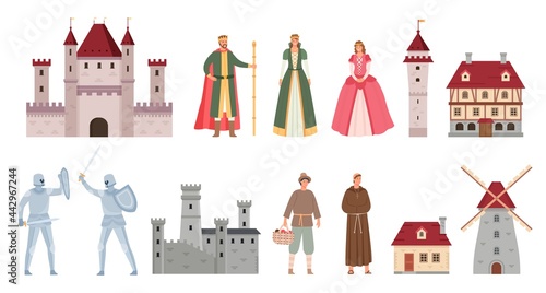 Medieval characters. Cartoon middle ages king, queen, princess, knights duel on sword, peasant and monk. Ancient castle and house vector set