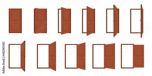 Door opening. Cartoon open and closed living room doors. House entrance with frame, home wood doorway or exit. Door animation vector frames