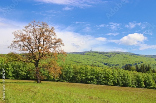 Beautiful scenery of the mountains and view to the transmitter with green forests and blue sky above at White Carpathians, Czech republic