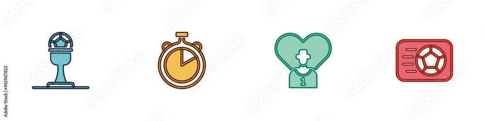 Set Award cup and football ball, Stopwatch, Football or soccer player and Soccer icon. Vector Set Award cup and football ball, Stopwatch, Football or soccer player and Soccer icon. Vector