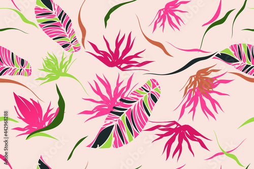 Tropical leaves. Modern exotic jungle plants illustration pattern. Floral seamless pattern. Fashionable template for design.