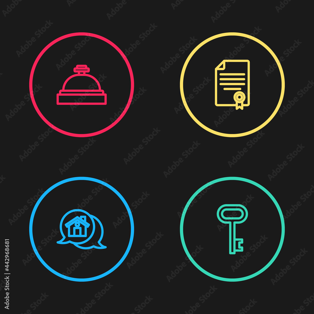 Set line Real estate message house, House key, contract and Hotel service bell icon. Vector Set line Real estate message house, House key, contract and Hotel service bell icon. Vector