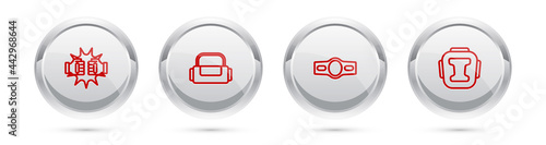 Set line Punch in boxing gloves, Sport bag, Boxing belt and helmet. Silver circle button. Vector