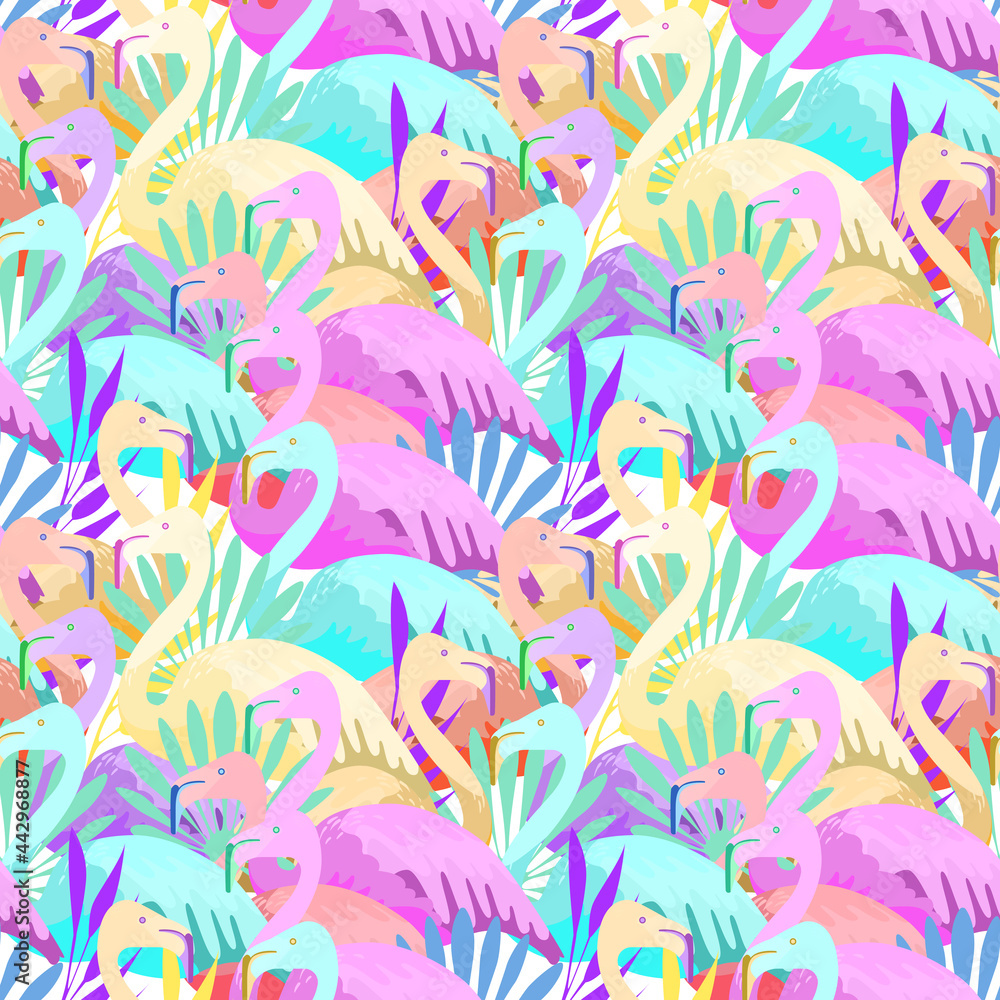 Abstract jungle! Seamless vector decorative illustration of tropical bird - pink flamingo. Hand drawn geometric art for poster, postcard, fabric, packaging, templates. EPS10 Abstract jungle! Seamless vector decorative illustration of tropical bird - pink flamingo. Hand drawn geometric art for poster, postcard, fabric, packaging, templates. EPS10