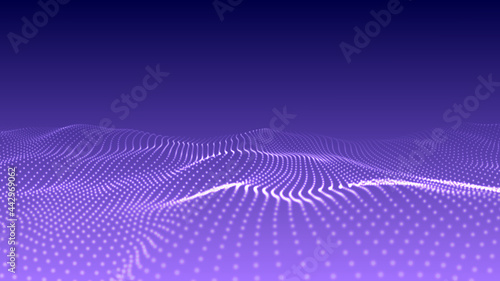 Abstract wave with moving dots. Flow of particles. Cyber technology illustration.