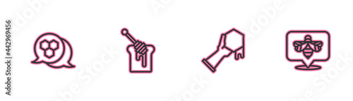 Set line Honeycomb, and hand, dipper stick with honey and Bee icon. Vector