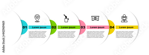 Set line Honeycomb bee location, dipper stick with honey, Hive for bees and Beekeeper protect hat. Business infographic template. Vector