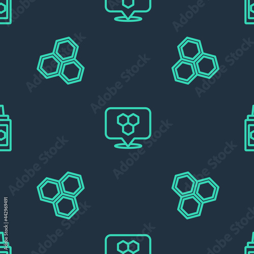 Set line Honeycomb bee location, and Jar of honey on seamless pattern. Vector