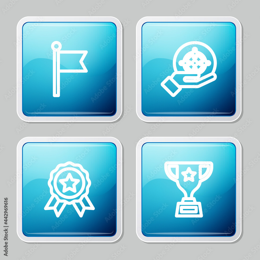 Set line Flag, Target, Medal and Award cup icon. Vector Set line Flag, Target, Medal and Award cup icon. Vector