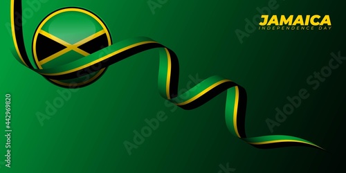 Jamaica Independence day vector illustration with flying ribbon and jamaica flag in circle design.