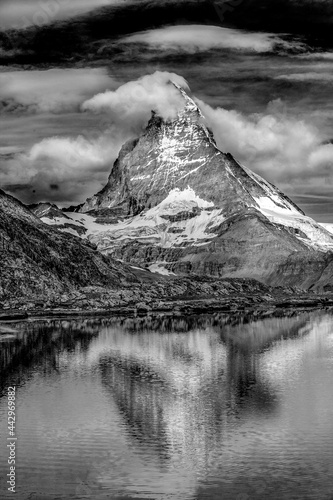 Switzerland. Matterhorn mountain reflected in lake.