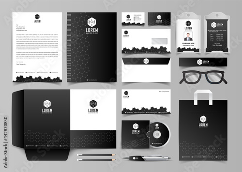 Stationery Corporate Brand Identity Mockup set with black hexagon abstract geometric design. Business stationary mockup template of Guide, annual report cover, brochure, bag, corporate Letterhead.