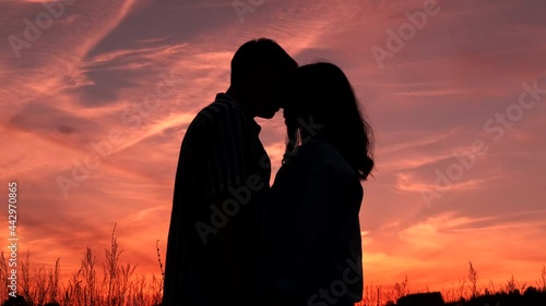 Silhouette of a couple in love under a bright red sky. Sunset. High quality.