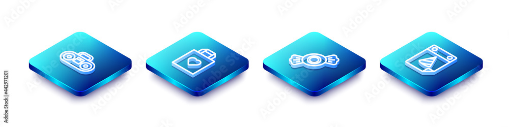 Set Isometric line Home stereo with two speakers, Shopping bag heart, Candy and Calendar party icon. Vector Set Isometric line Home stereo with two speakers, Shopping bag heart, Candy and Calendar party icon. Vector
