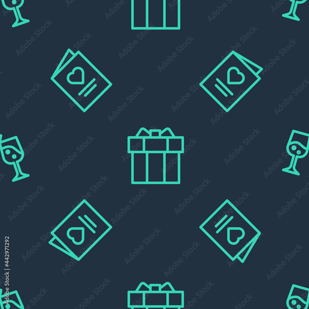 Obraz premium Set line Gift box, Postcard with heart and Glass of champagne on seamless pattern. Vector