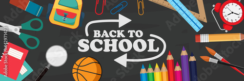 Welcome back to school text drawing by colorful chalk in blackboard with school items and elements. Vector illustration banner