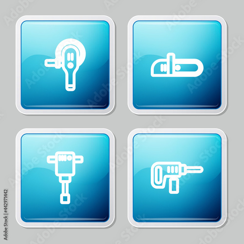 Set line Angle grinder, Chainsaw, Construction jackhammer and Electric drill machine icon. Vector