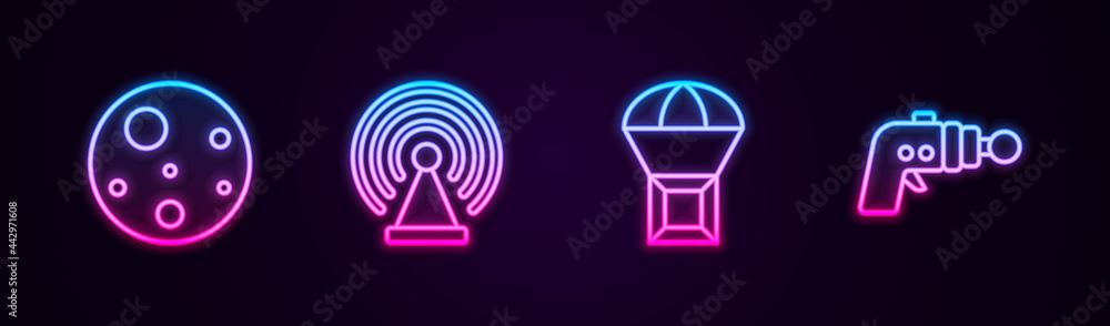 Set line Planet Mars, Radar, Box flying on parachute and Ray gun. Glowing neon icon. Vector Set line Planet Mars, Radar, Box flying on parachute and Ray gun. Glowing neon icon. Vector