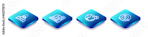 Set Isometric line Rocket ship, Astronaut helmet, Earth globe and Solar system icon. Vector